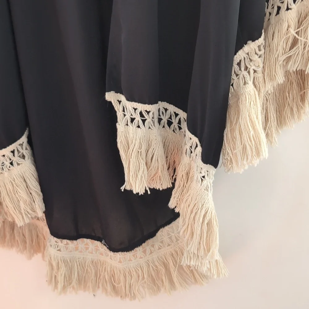 Elegant Black Fringe Kimono Up to Size Large